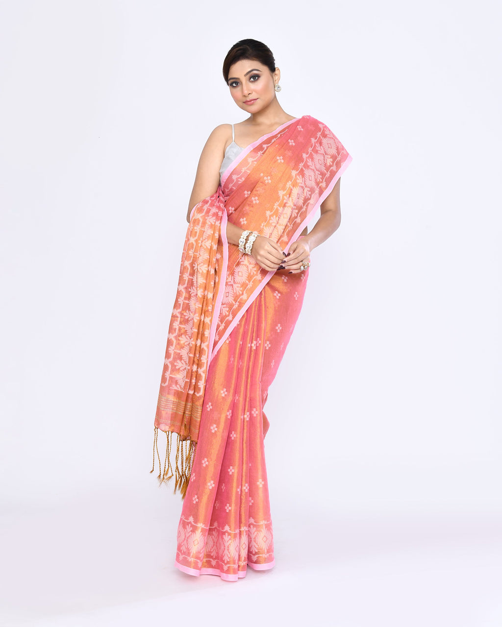 Piyari Fashion Women's Deep Peach Zari Cotton Tissue Jamdani Saree | Grocsy