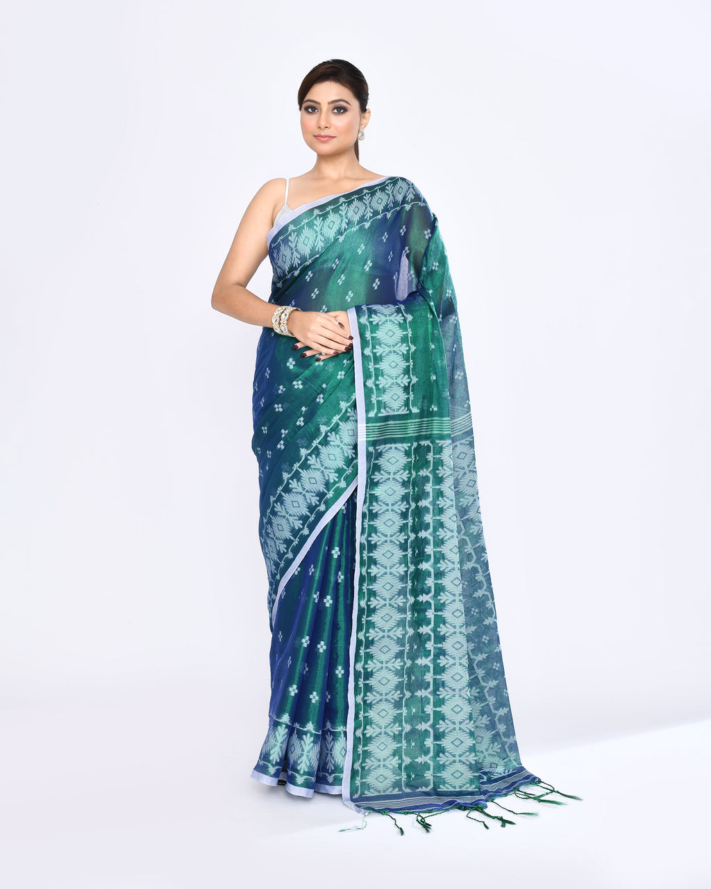 Piyari Fashion Women's Blue Green Zari Cotton Tissue Jamdani Saree | Grocsy
