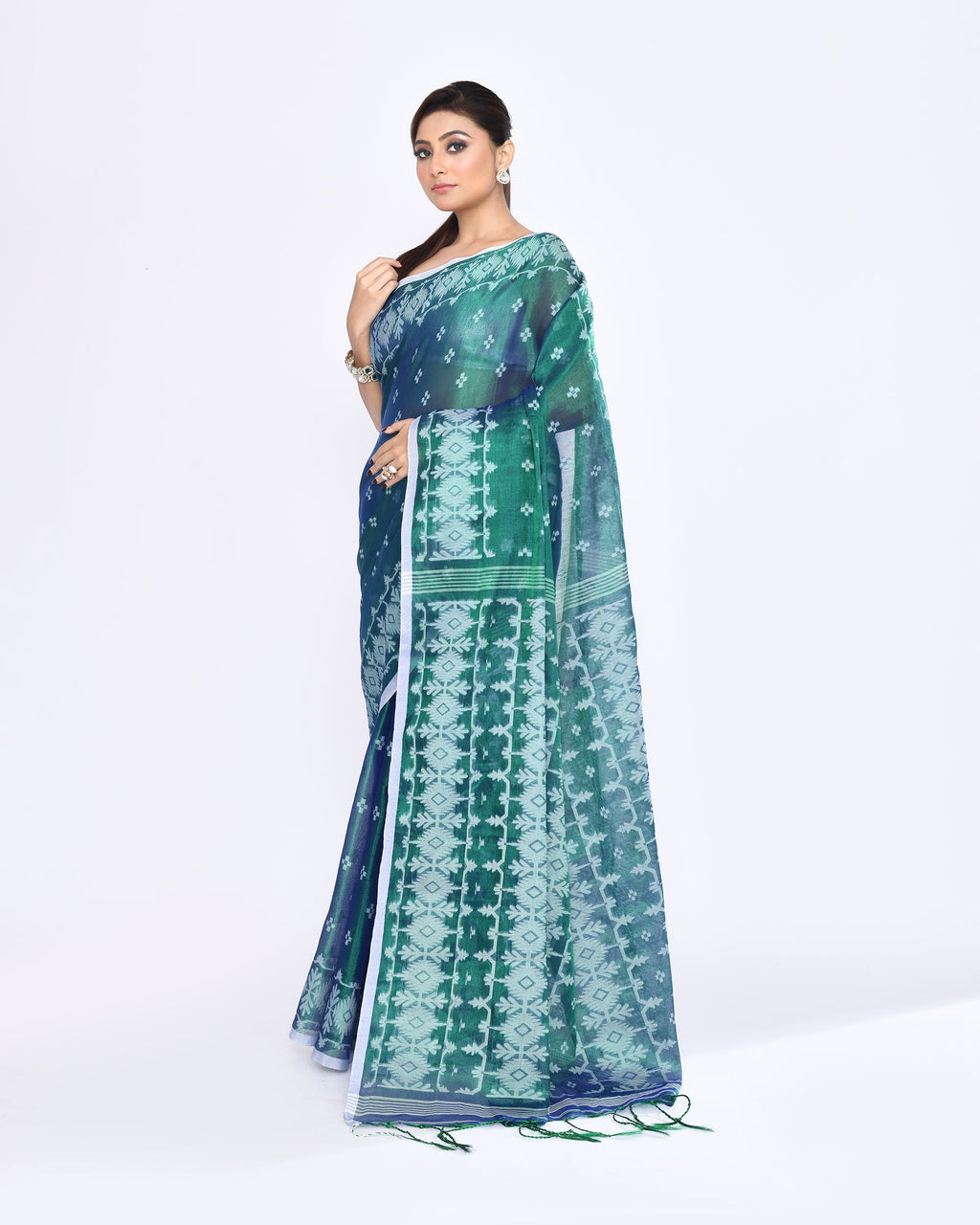 Piyari Fashion Women's Blue Green Zari Cotton Tissue Jamdani Saree | Grocsy