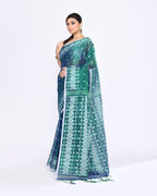 Piyari Fashion Women's Blue Green Zari Cotton Tissue Jamdani Saree | Grocsy