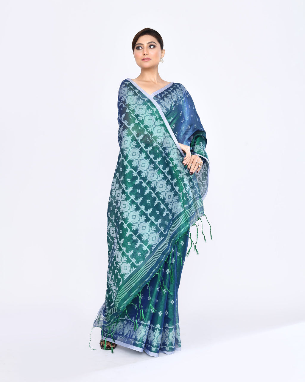 Piyari Fashion Women's Blue Green Zari Cotton Tissue Jamdani Saree | Grocsy
