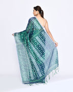 Piyari Fashion Women's Blue Green Zari Cotton Tissue Jamdani Saree | Grocsy