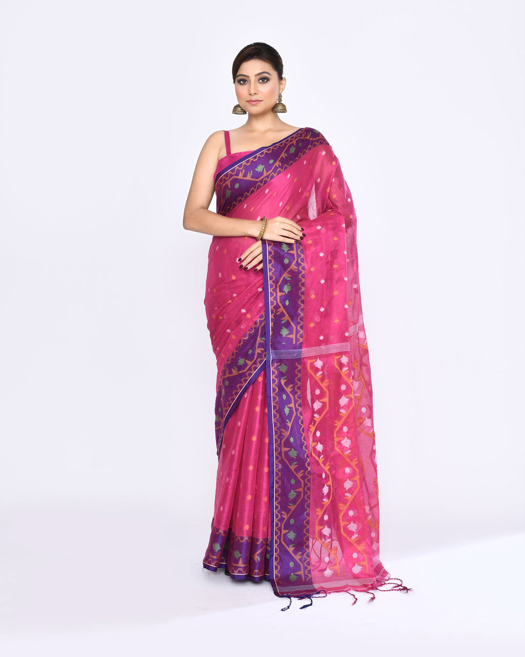 Piyari Fashion Women's Pink Zari Cotton Tissue Jamdani Saree | Grocsy