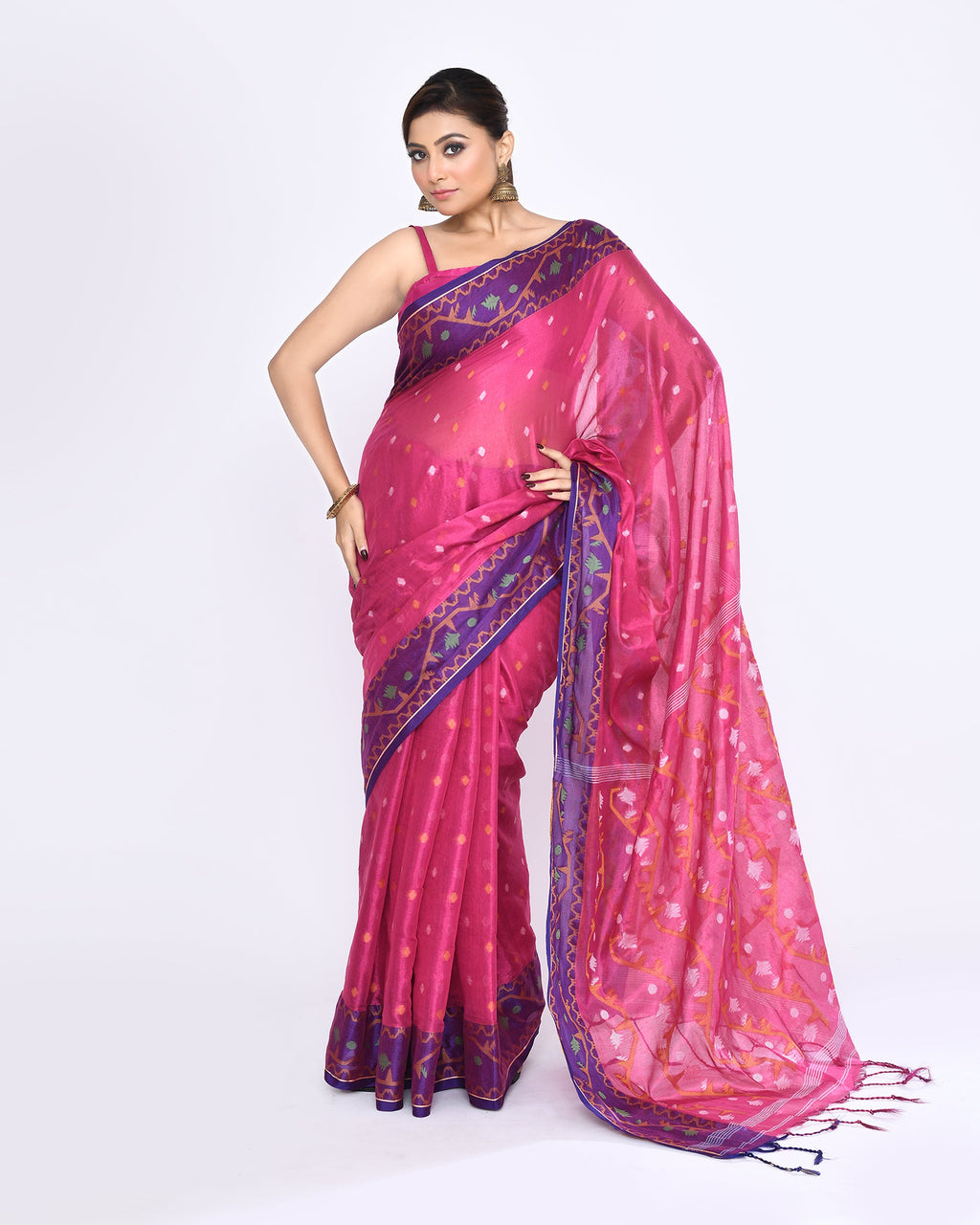 Piyari Fashion Women's Pink Zari Cotton Tissue Jamdani Saree | Grocsy