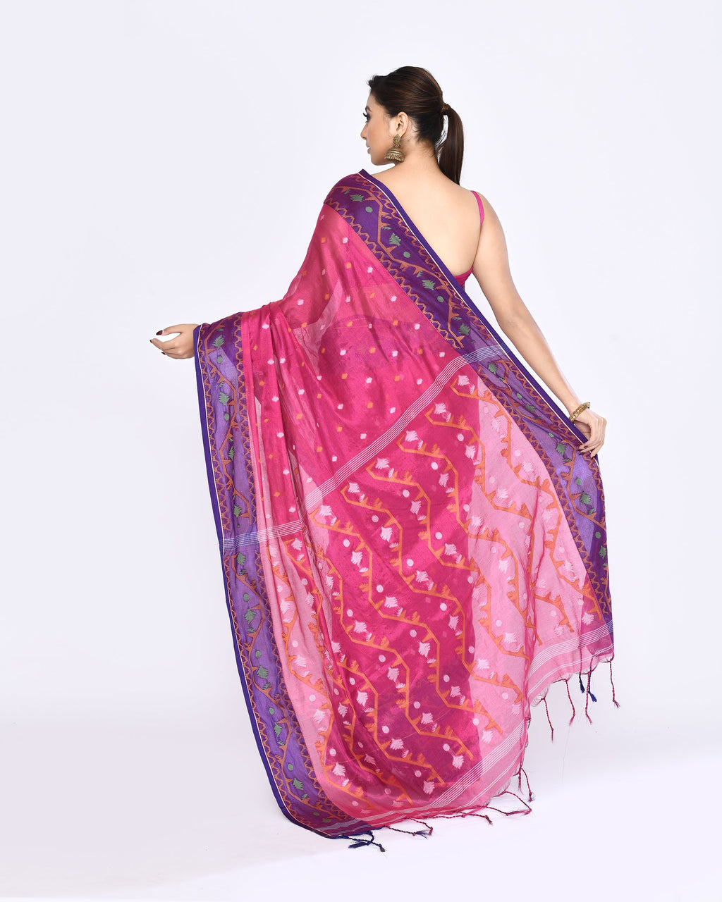 Piyari Fashion Women's Pink Zari Cotton Tissue Jamdani Saree | Grocsy