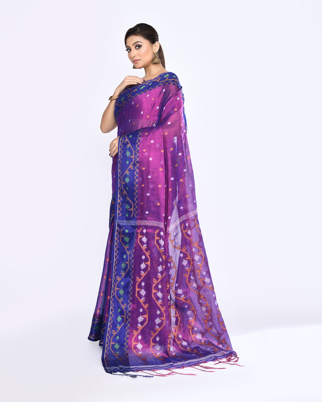 Piyari Fashion Women's Pink Blue Zari Cotton Tissue Jamdani Saree | Grocsy