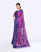 Piyari Fashion Women's Pink Blue Zari Cotton Tissue Jamdani Saree | Grocsy