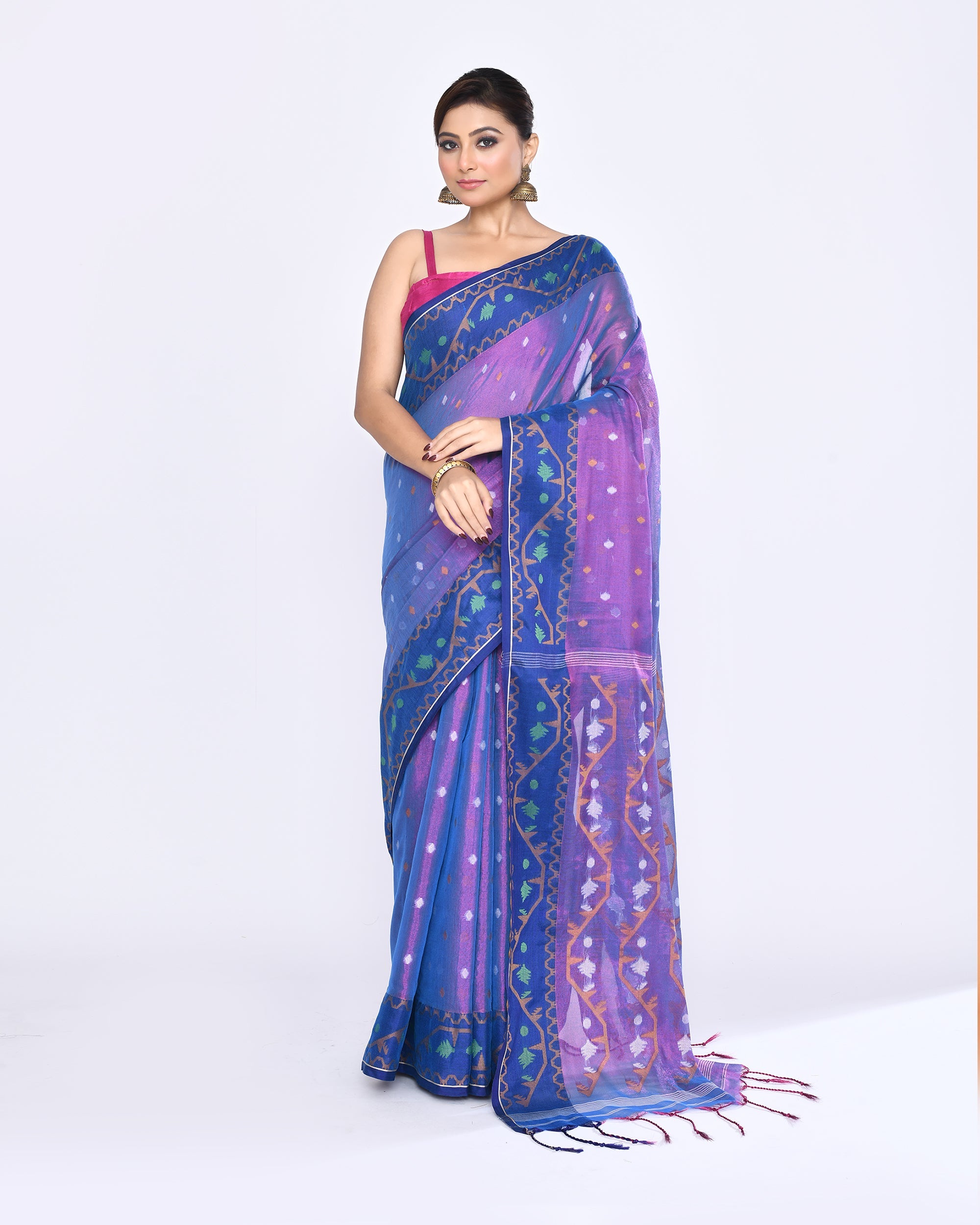 Piyari Fashion Women's Pink Blue Zari Cotton Tissue Jamdani Saree | Grocsy