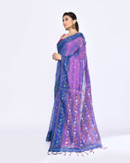 Piyari Fashion Women's Pink Blue Zari Cotton Tissue Jamdani Saree | Grocsy