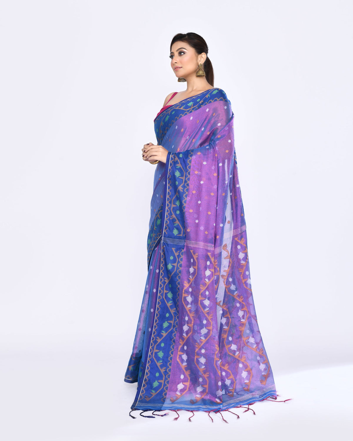 Piyari Fashion Women's Pink Blue Zari Cotton Tissue Jamdani Saree | Grocsy