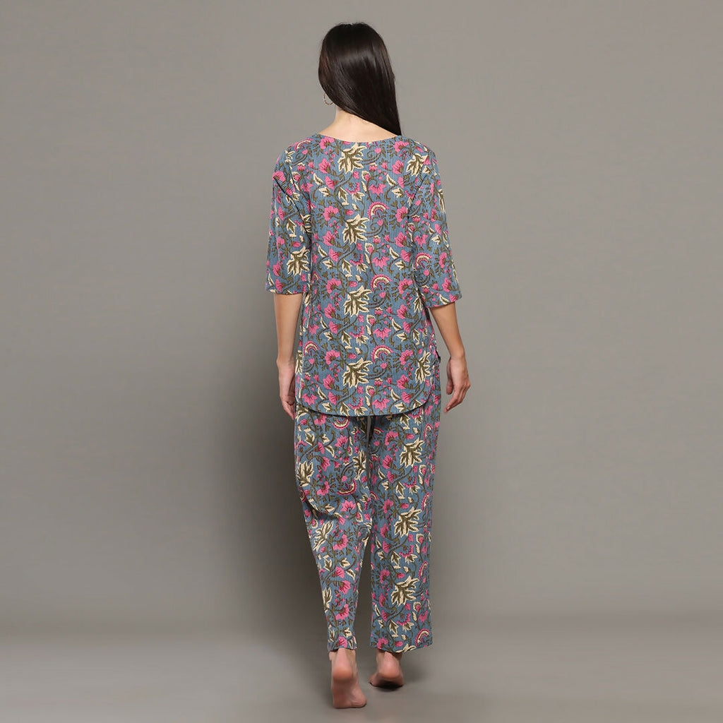 Breathables Women Cotton Printed Loungewear Kurta And Pants Co-Ord Set Grey I Night Wear | Floral Print | Grocsy