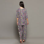 Breathables Women Cotton Printed Loungewear Kurta And Pants Co-Ord Set Grey I Night Wear | Floral Print | Grocsy