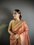 Joban Fashion Peach Woven Pattern Raw Silk Kanjivaram Silk Saree | Grocsy