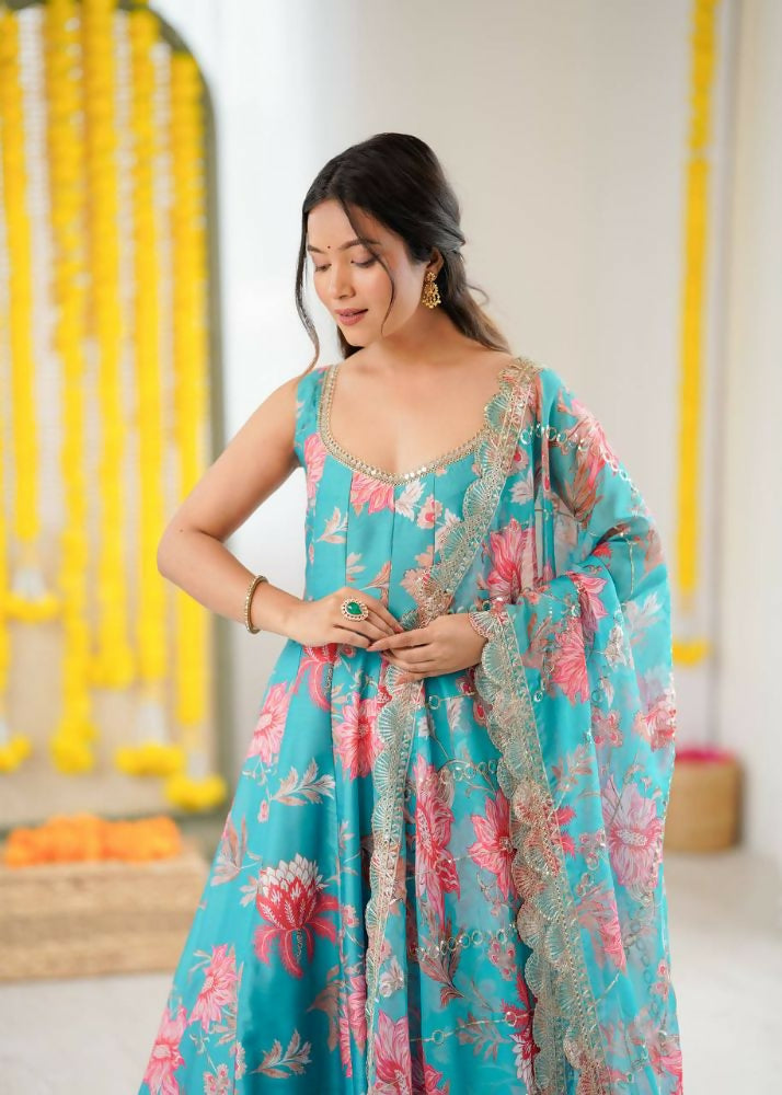 Teeya Creation Blue Pure Muslin Silk Digital Print Traditional Wear Long Gown | Grocsy
