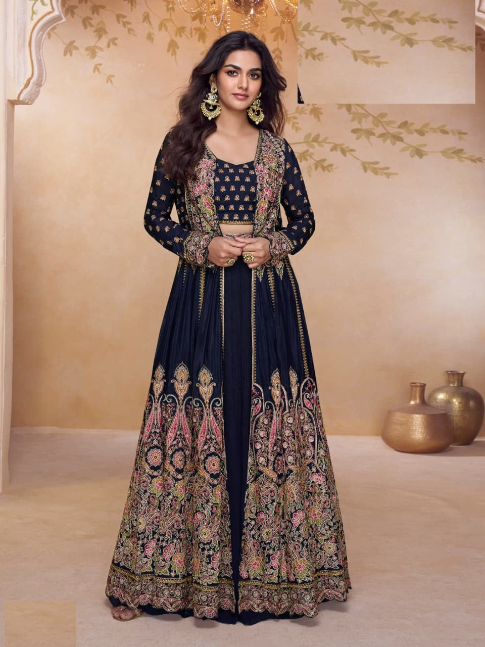 Aarshi Fashions Navy Blue Shimmer Wedding Gowns | Grocsy