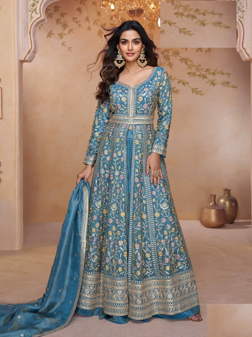 Aarshi Fashions Sky Bkue Shimmer Wedding Gowns | Grocsy