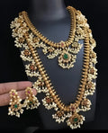 Jewel City Antique-Finish Temple Jewelry Set with Green stone & Pearl Details-Traditional South Indian Bridal Necklace Earrings Set | Grocsy