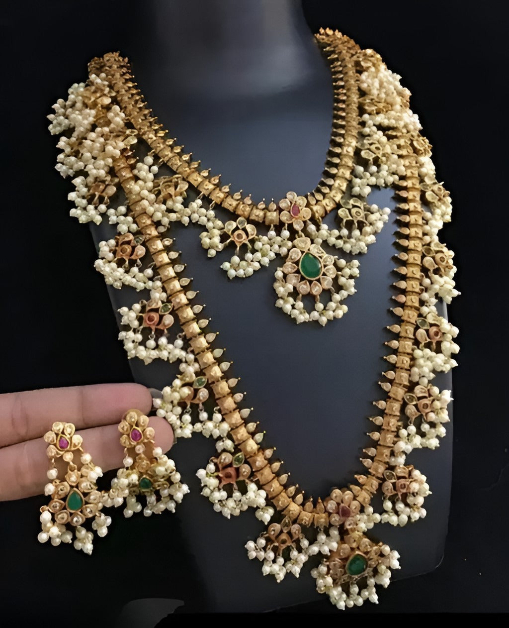 Jewel City Antique-Finish Temple Jewelry Set with Green stone & Pearl Details-Traditional South Indian Bridal Necklace Earrings Set | Grocsy