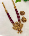 Jewel City Antique-Finish Goddess Ruby Beaded Necklace & Stud Earring Set - Traditional Kemp Stone Temple Jewelry | Grocsy