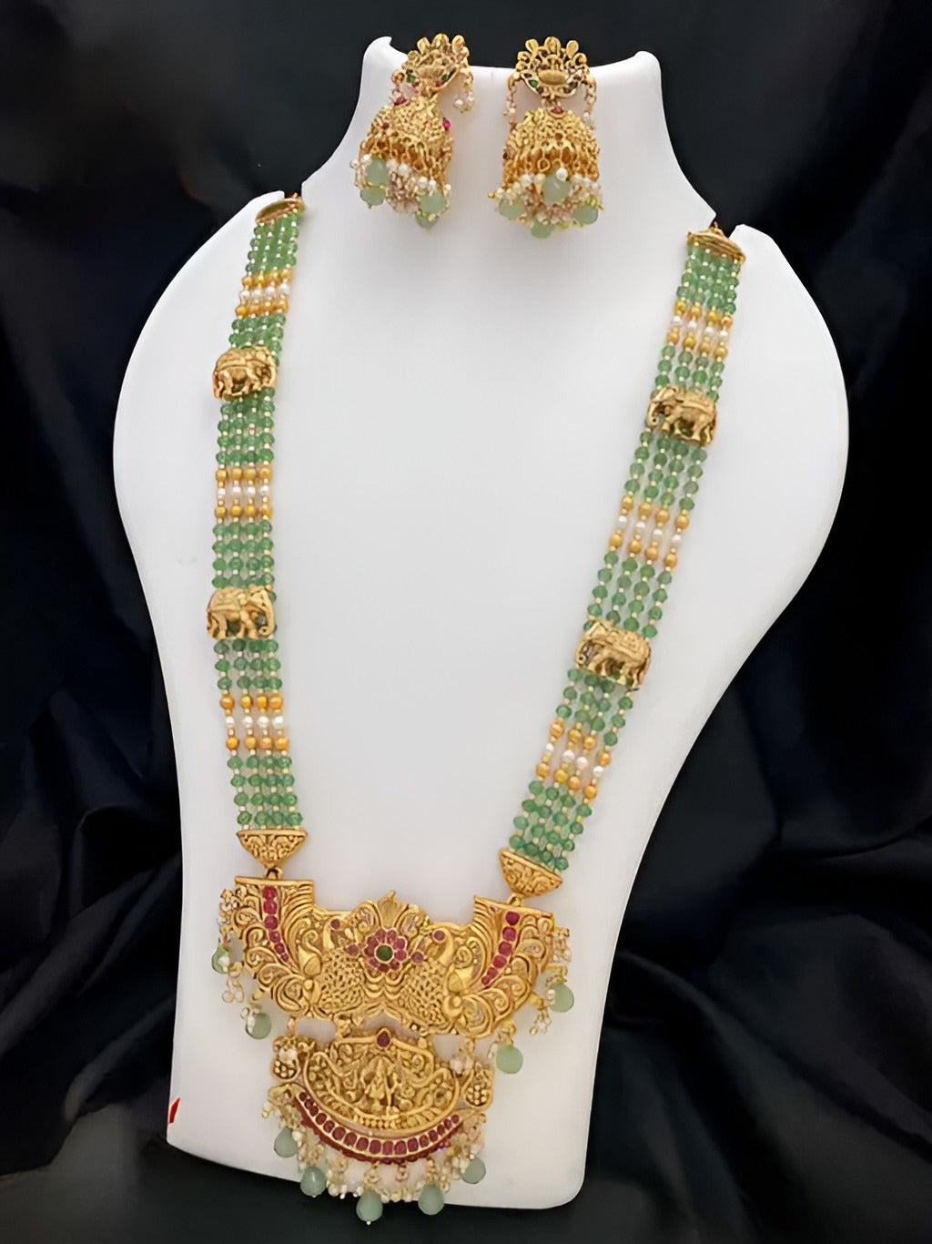 Jewel City Temple Design Gold-Plated Beaded Necklace & Earring Set with Green Gemstones - Traditional Handcrafted Ethnic Jewelry | Grocsy