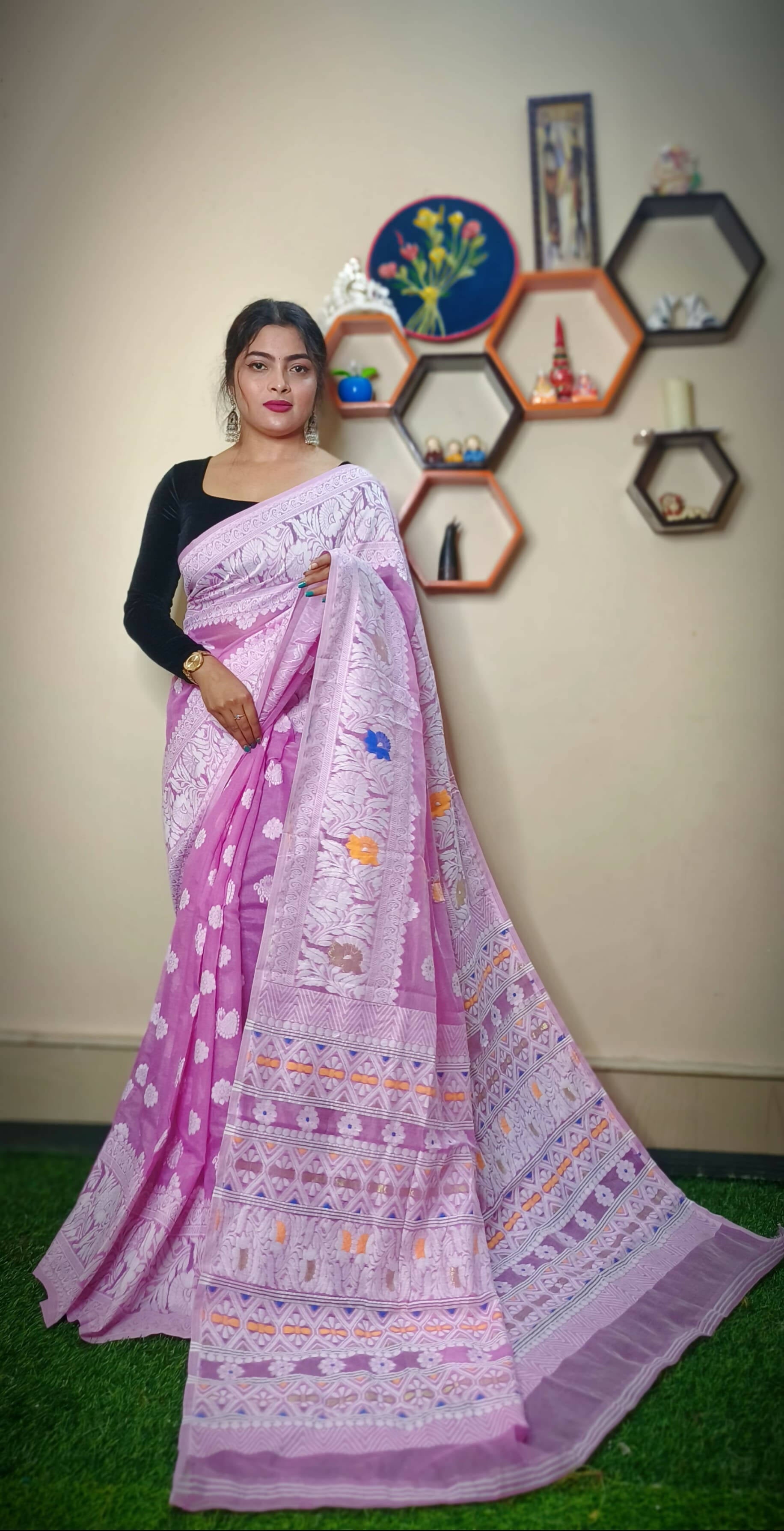 Exclusive Collection Handloom Dhakai Jamdani Saree - Pink | Grocsy