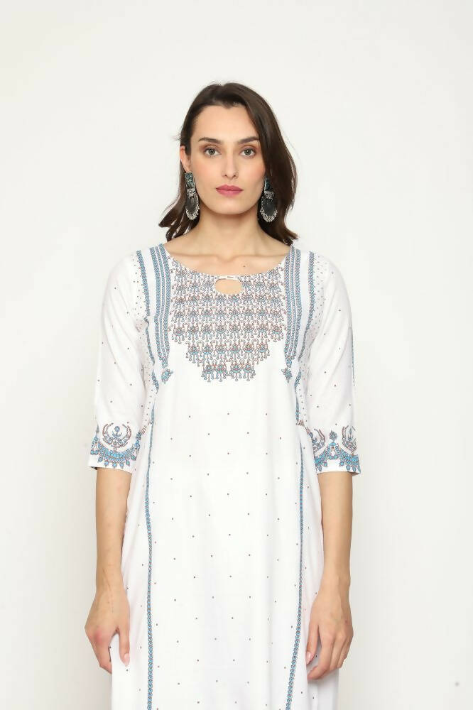 Maai Rayon Hand Printed Kurta Off-White | Grocsy