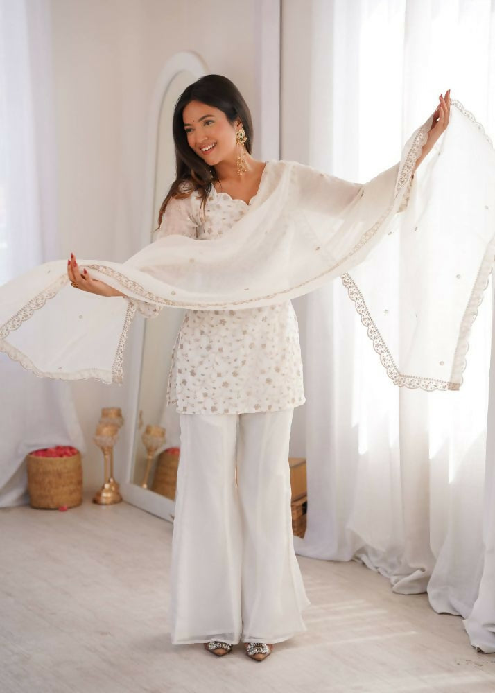 Teeya Creation White Embroidered Short Kurti Sharara Suit Set With Dupatta | Grocsy