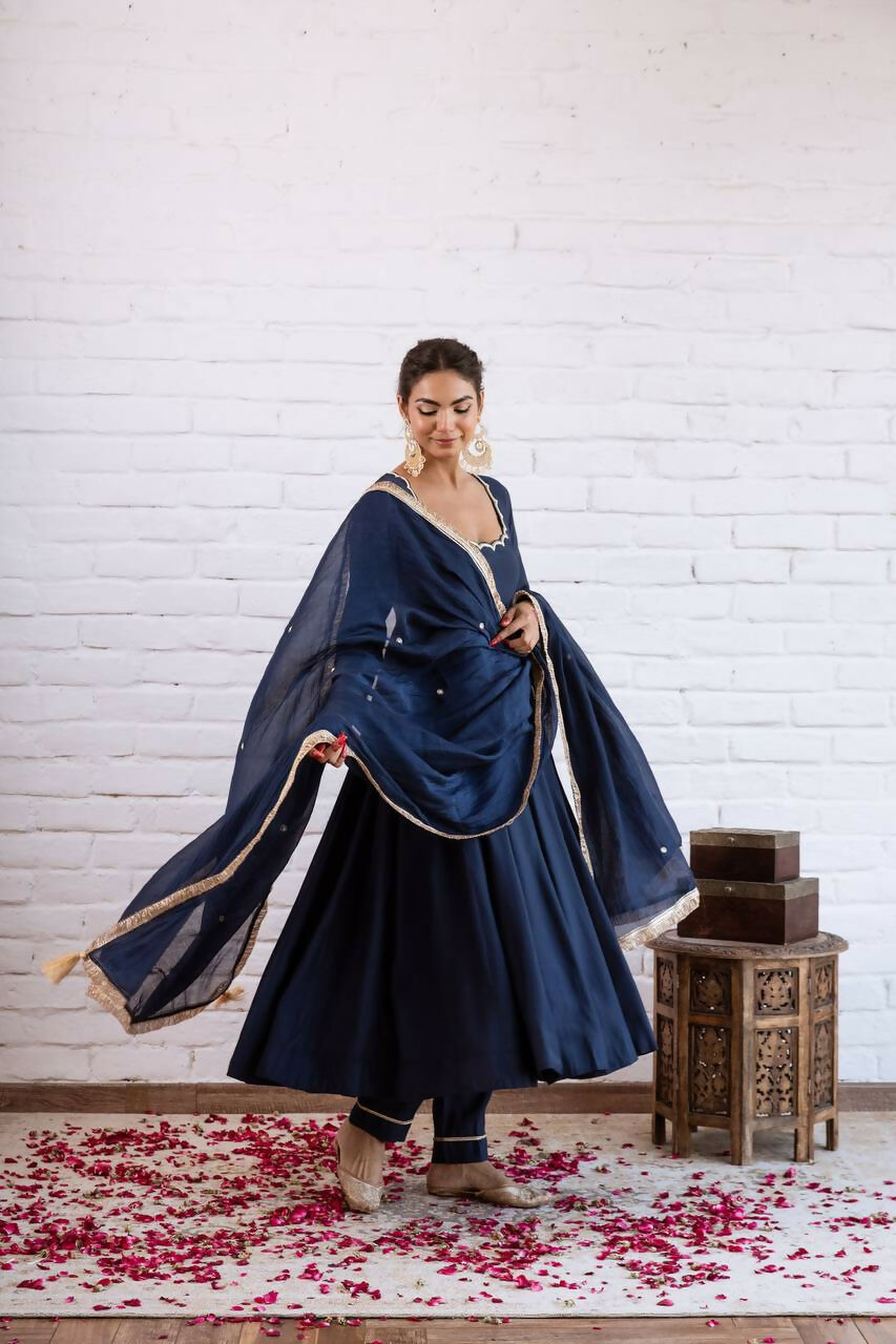Teeya Creation Navy Blue Scallop Border Anarkali Kurta Set For Women | Grocsy