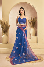 Vastranavya Blue Digital Printed Linen Ready To Wear Pocket Saree with Unstitched Blouse | Grocsy
