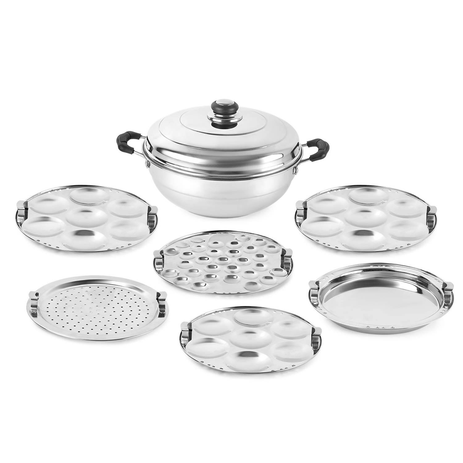 Cello Stainless Steel Induction Base Idli Cooker (Idly Maker) And Multi Kadhai Set of 6 | Grocsy
