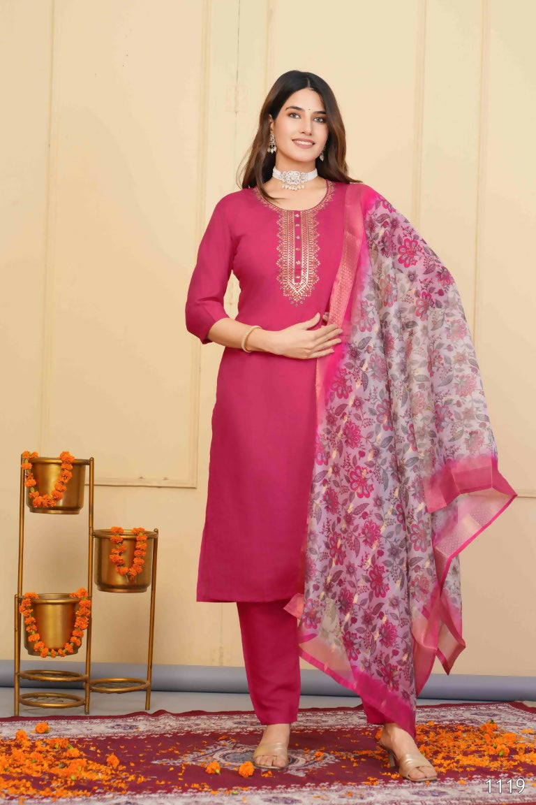 Red Viscose Chanderi Embroidered Stitched Suit With Dupatta - Tanisha | Grocsy