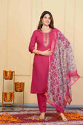 Red Viscose Chanderi Embroidered Stitched Suit With Dupatta - Tanisha | Grocsy