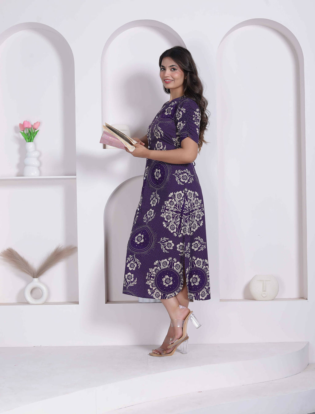 Miravan Womens Floral Printed A-Line Shirt Collar Maxi Dress | Grocsy