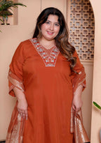 Miravan Women's Plus Size Orange Embroidered Straight Kurta with Palazzo and Dupatta set | Grocsy