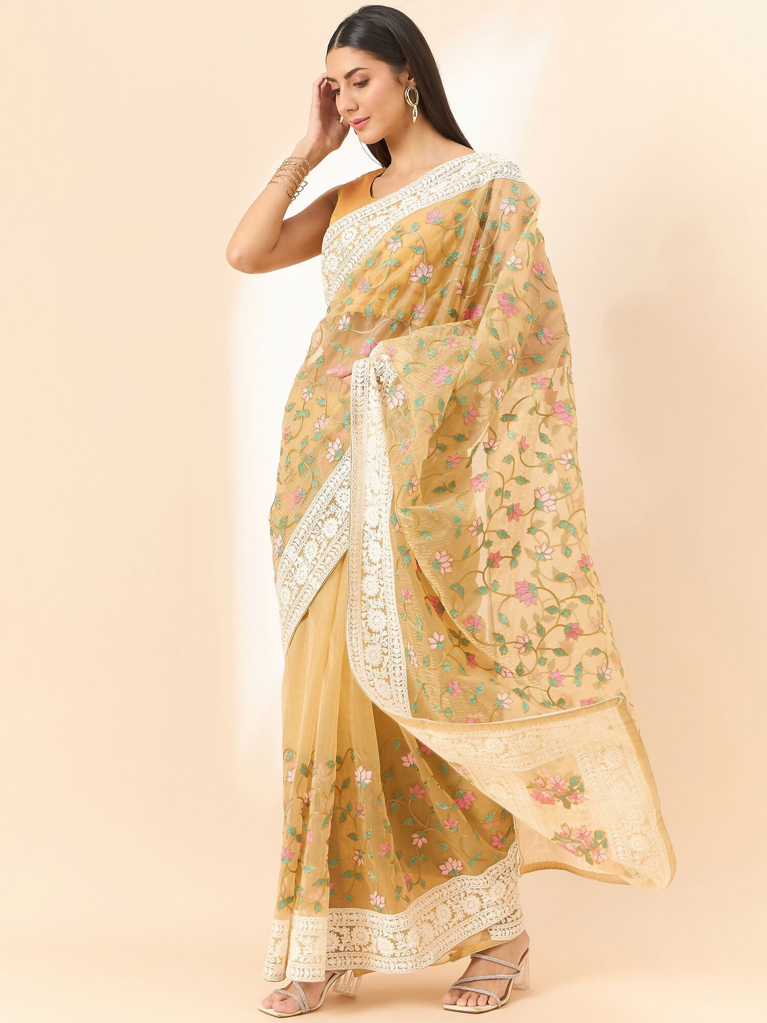 Beige Organza Floral Embroidered Saree with Unstitched Blouse Piece - Roozal | Grocsy