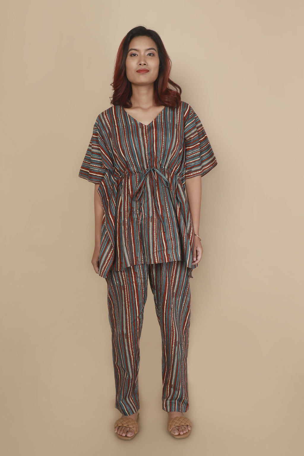 Breathables Women’S Loungewear Kaftan Cotton Aqua Blue Stripes Print Co-Ord Set | Grocsy
