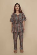 Breathables Women’S Loungewear Kaftan Cotton Aqua Blue Stripes Print Co-Ord Set | Grocsy