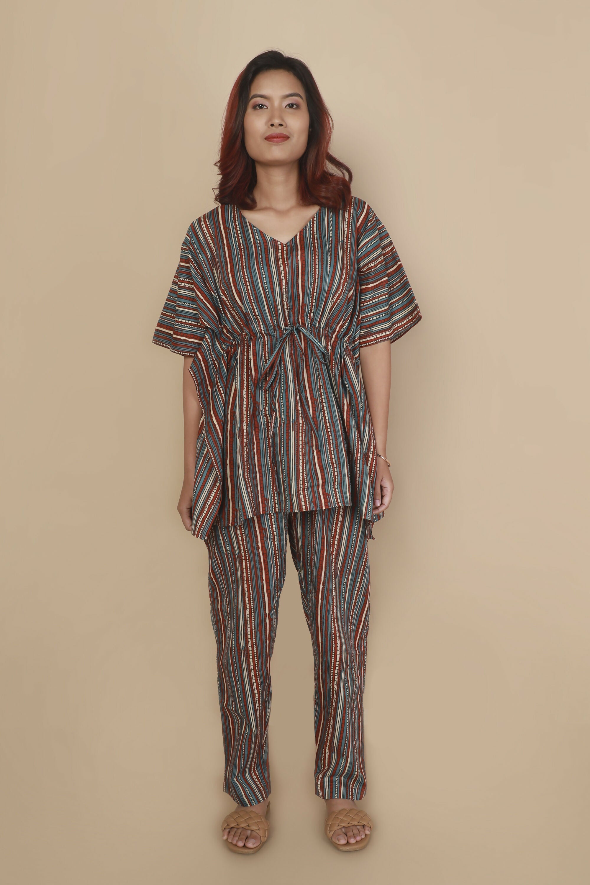 Breathables Women’S Loungewear Kaftan Cotton Aqua Blue Stripes Print Co-Ord Set | Grocsy