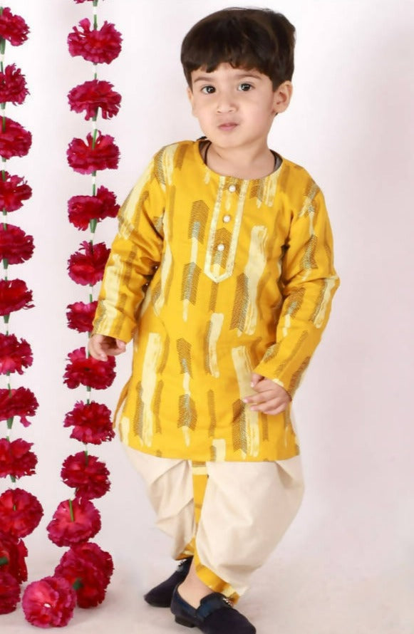 Little Bansi Boys Yellow and Cream Color Feather print Kurta and Dhoti | Grocsy