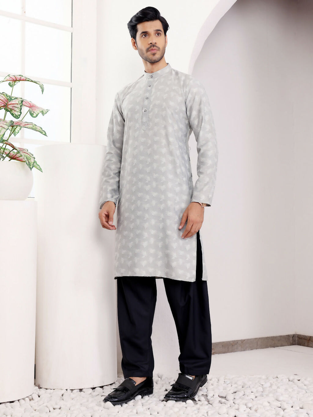 Light Grey Viscose Woven Jacquard Work Men's Kurta - Mahotsav | Grocsy
