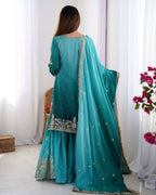The52 Women's Beautiful Chinon silk Fabric Embroidery Work Straight Kurta Palazzo and Dupatta Set | Grocsy