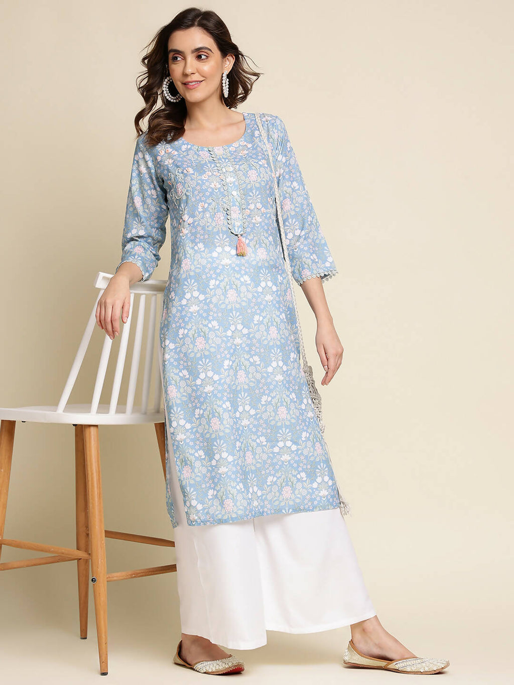 Blue Linen Floral Printed Straight Fit Kurta - Prasuti | Grocsy