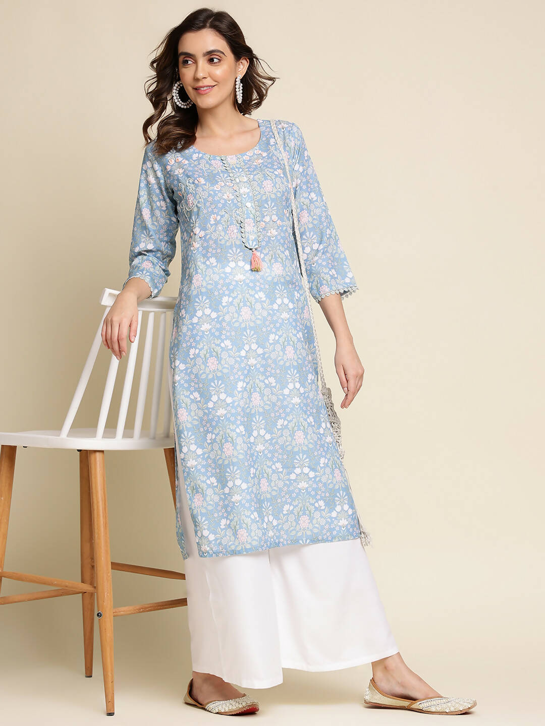 Blue Linen Floral Printed Straight Fit Kurta - Prasuti | Grocsy