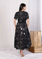 Miravan Women's Pure Cotton Black Floral Printed Front Button A-Line Midi Dress | Grocsy