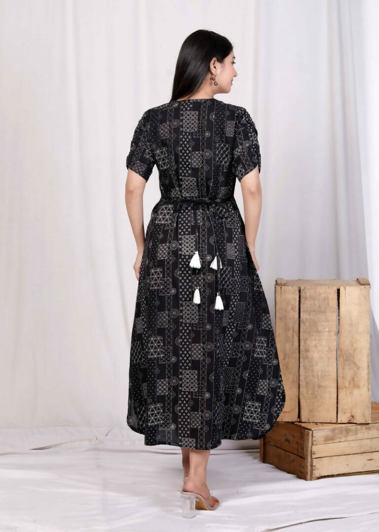 Miravan Women's Pure Cotton Black Floral Printed Front Button A-Line Midi Dress | Grocsy