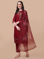 Embroidered Kurta With Pant & Dupatta Set, Multicolor - Hiral Fashion | Grocsy