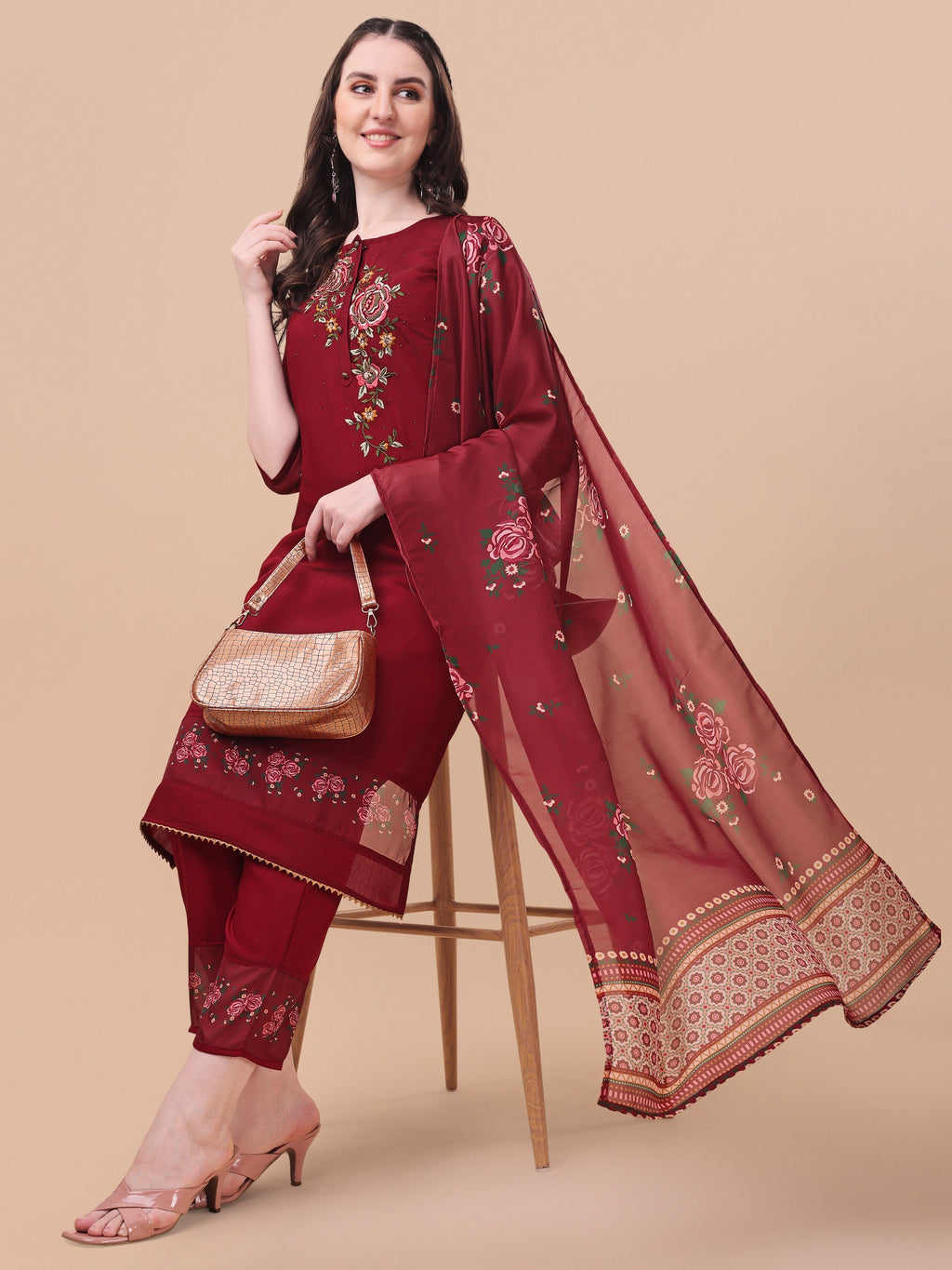 Embroidered Kurta With Pant & Dupatta Set, Multicolor - Hiral Fashion | Grocsy
