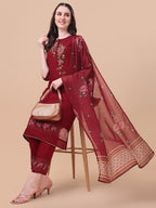 Embroidered Kurta With Pant & Dupatta Set, Multicolor - Hiral Fashion | Grocsy