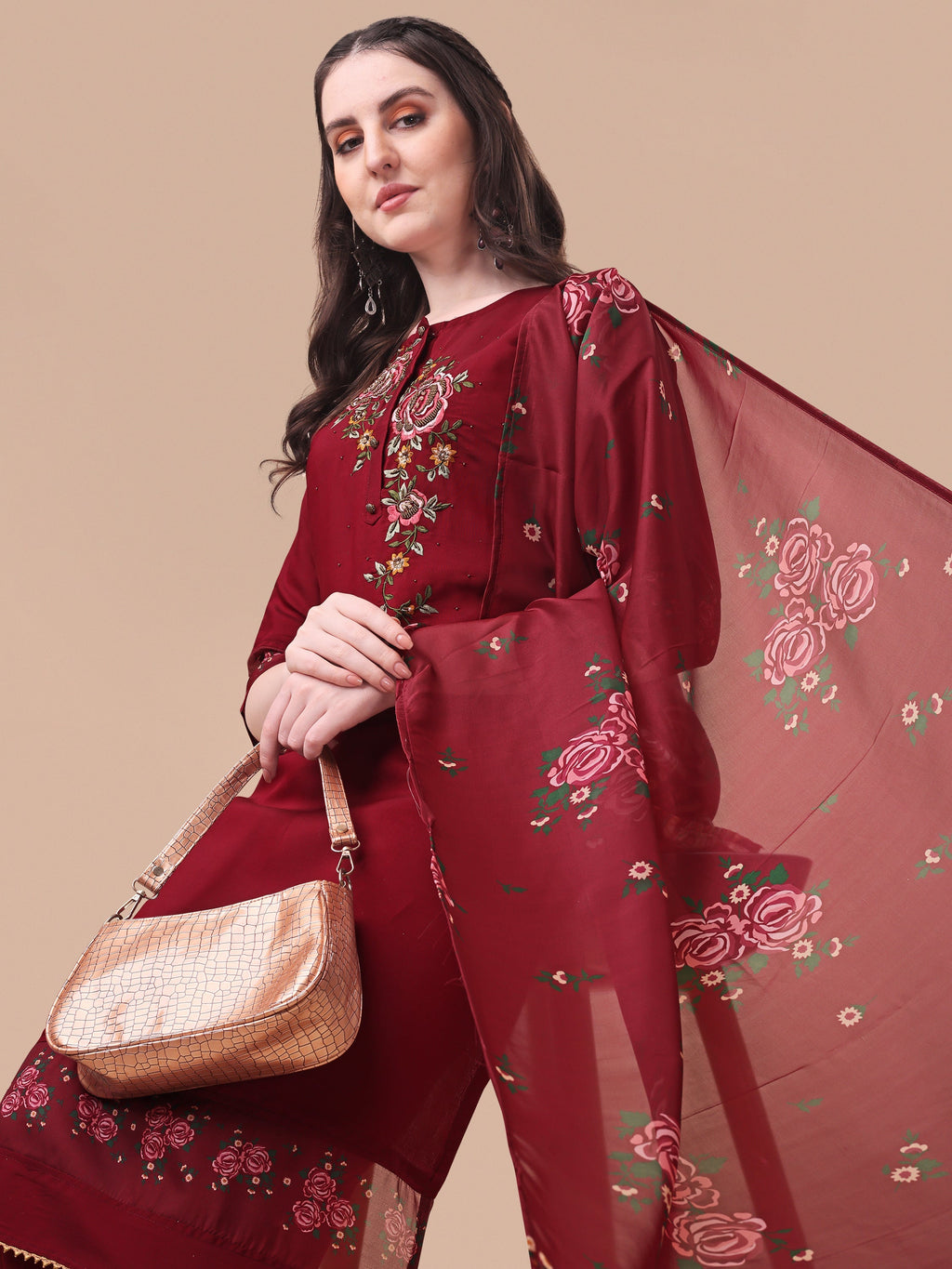 Embroidered Kurta With Pant & Dupatta Set, Multicolor - Hiral Fashion | Grocsy