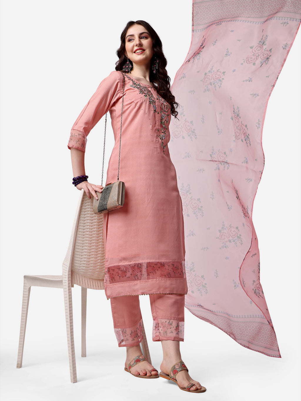 Embroidered Kurta With Pant & Dupatta Set, Multicolor - Hiral Fashion | Grocsy